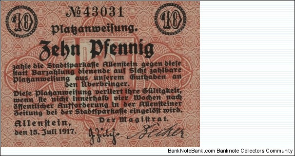 10 Pfennig Notgeld City of Allenstein/Olsztyn Banknote