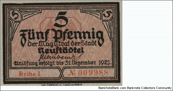 5 Pfennig Notgeld City of Neustädtel/Nowe Miasteczko Banknote