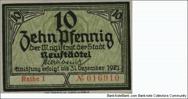 10 Pfennig Notgeld City of Neustädtel/Nowe Miasteczko Banknote