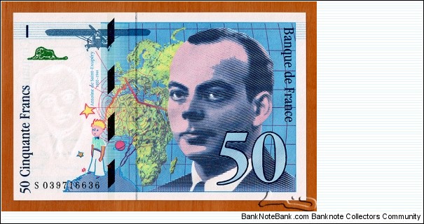 France | 50 Francs, 1997 | Obverse: Portrait of Antoine Jean-Baptiste Marie Roger de Saint Exupéry (1900-1944), who was a French writer and aviator, who disappeared in an air mission July 31, 1944 off Corsica, Map of Europe and Africa where with the route of the two journeys made by Antoine de Saint-Exupéry,  the 