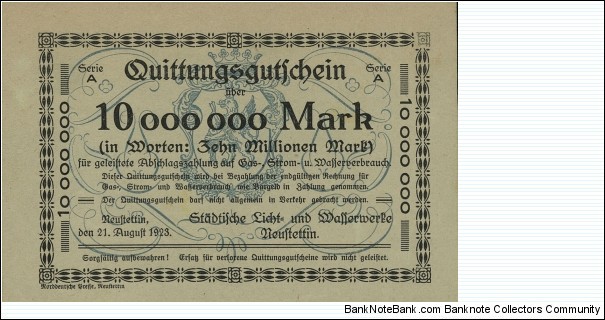 City of Neustettin/Szczecinek  - Coupon for 10.000.000 Mark Banknote