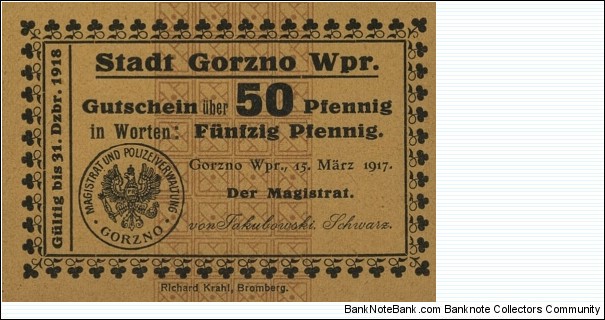 City of Gorzno/Górzno - Coupon for 50 Pfennig. Jakubowski/Schwarz Banknote