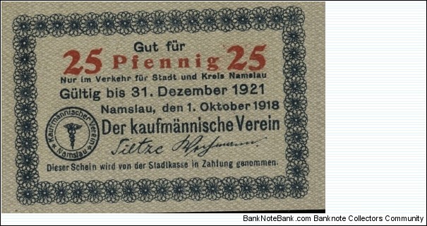 25 Pfennig - City of Namslau/Namysłów. Issued by Merchant Society. Banknote