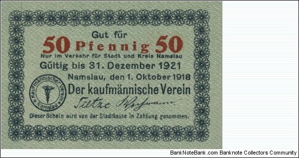 50 Pfennig - City of Namslau/Namysłów. Issued by Merchant Society. Banknote