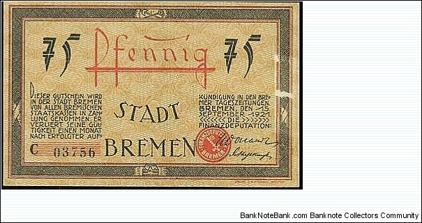 75 Pfennig Notgeld City of Bremen Banknote