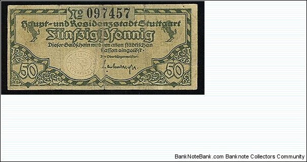 50 Pfennig Notgeld City of Stuttgart Banknote