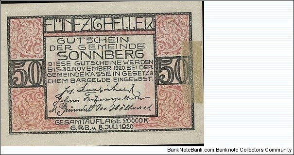 50 Heller - Sonnberg Banknote