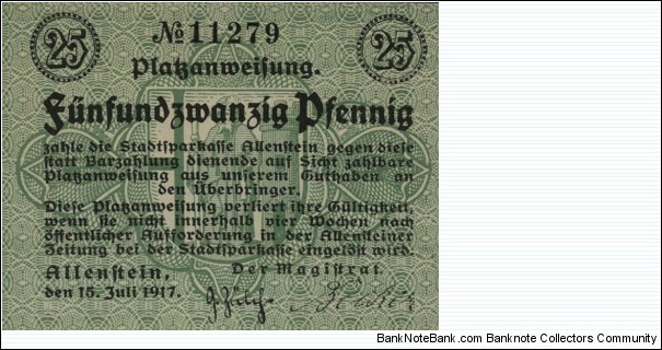 25 Pfennig - Allenstein/Olsztyn Banknote