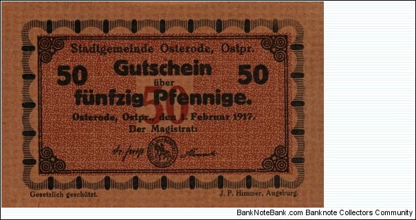 50 Pfennige - Osterode (now city in Poland - Ostróda) Banknote