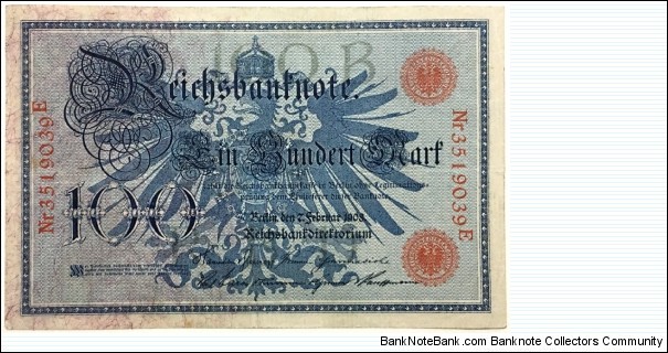 100 Mark(German Empire 1908 / Red seal) Banknote