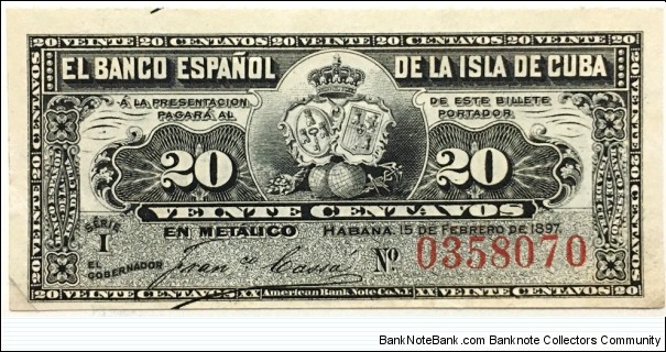 20 Centavos (El Banco Espanol de la Isla de Cuba - 1897) Banknote