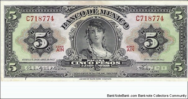 MEXICO 5 Pesos 
1963 Banknote