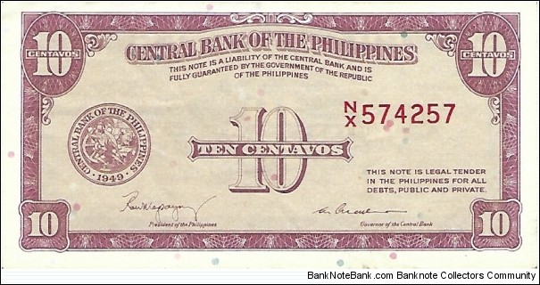 PHILIPPINES 10 Centavos
1949 Banknote