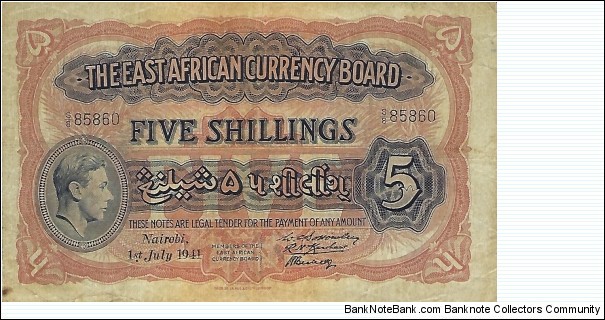 EAST AFRICA 5 Shillings
1941 Banknote