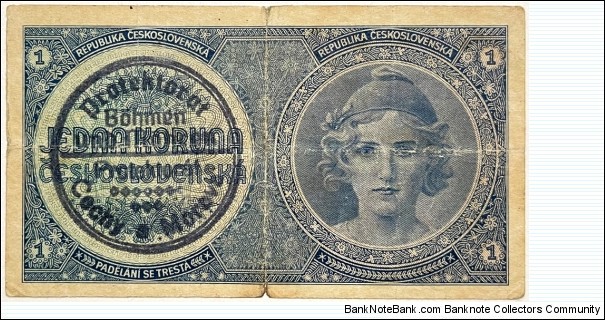 1 Koruna(Handstamp Overprint/ Protectorate of Bohemia and Moravia 1939) Banknote