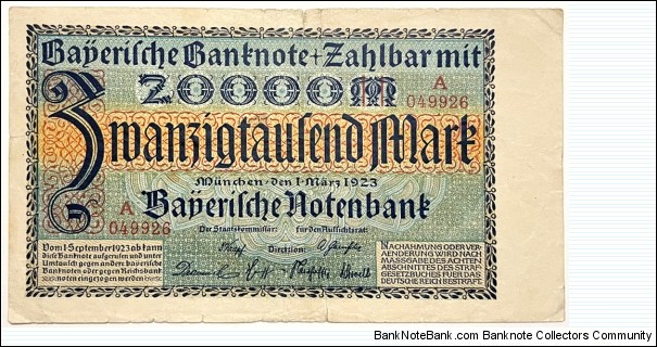 20.000 Mark (Regional Issue / Bavarian Note Issuing Bank-Weimar Republic 1923)  Banknote
