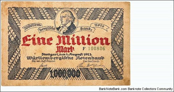 1.000.000 Mark (Regional Issue - Wurttemberg Note Issuing Bank-Weimar Republic 1923)  Banknote
