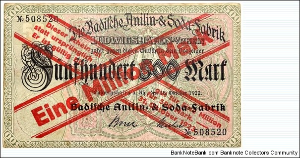 1.000.000 Mark Overprinted on 1922 / 500 Mark note (BASF - Baden Aniline and Soda Factory / Weimar Republic 1923) Banknote