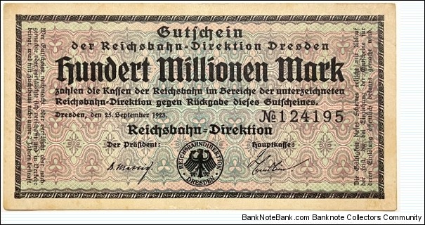 100.000.000 Mark (Deutsche Reichsbahn / Dresden)  Banknote