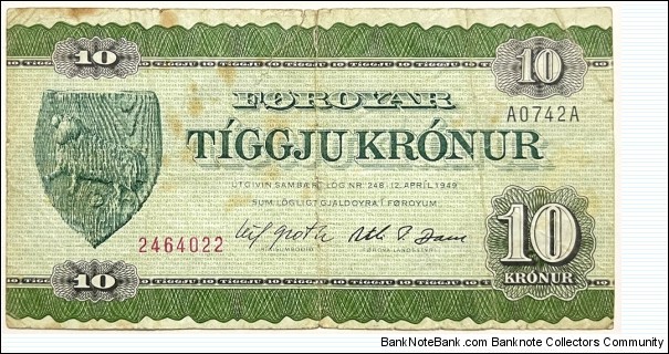 10 Kronur / Faroe Islands (Issue of 1974) Banknote