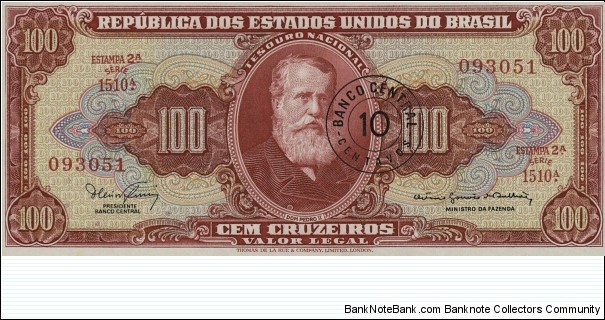 10 Centavos overprint on 100 Cruzeiros Banknote