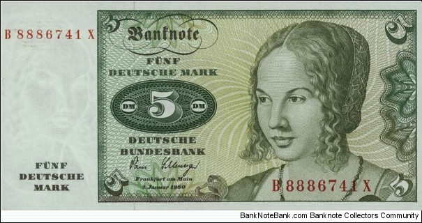 German Federal Republic 5 Mark B 8886741 X Banknote