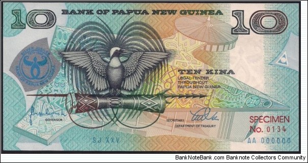 10 Kina, Bank of PNG Silver Jubilee Specimen note Banknote