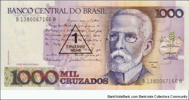 P-216b (1 Cruzado Novo overprint on 1000 Cruzados) Banknote