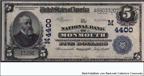 $5 National Bank of Monmouth Illinois. Banknote
