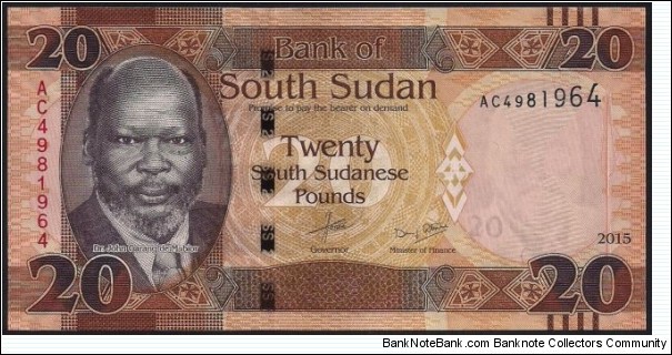 20 South Sudanese Pounds. Sth Sudan is the newest internationally recognized country in the world. Banknote