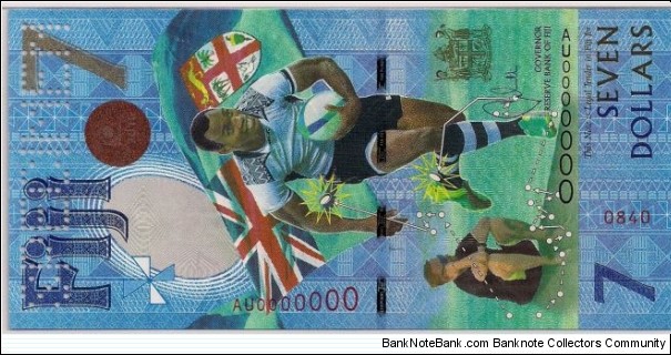 $7 Polymer Specimen banknote. Rugby 7s Olympic Gold Medal Commemorative banknote. Fiji's first and only Olympic medal.  Banknote