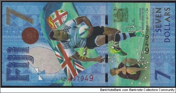$7 Polymer Replacement banknote. Rugby 7s Olympic Gold Medal Commemorative banknote. Fiji's first and only Olympic medal. Banknote