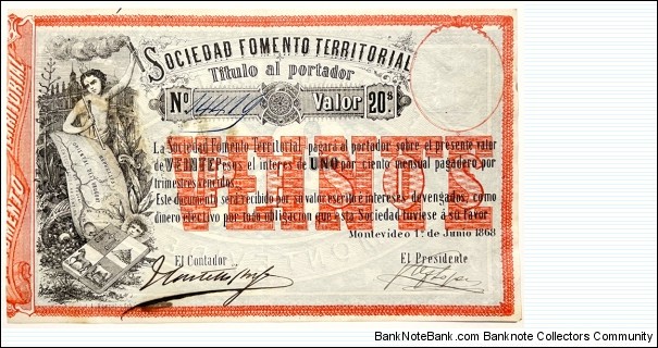 20 pesos (Private Bank-Sociedad Fomento Territorial/ 1881 issue Banknote