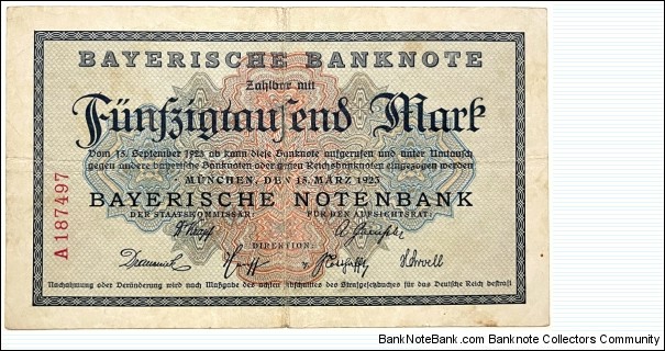 50.000 Mark (Regional Issue / Bavarian Note Issuing Bank-Weimar Republic 1923) Banknote