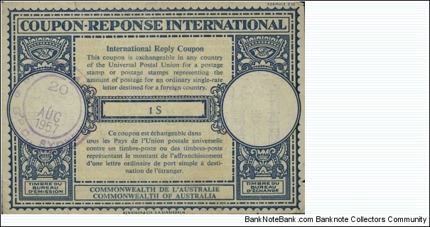 Australia - International Reply Coupon 1 Shilling Banknote