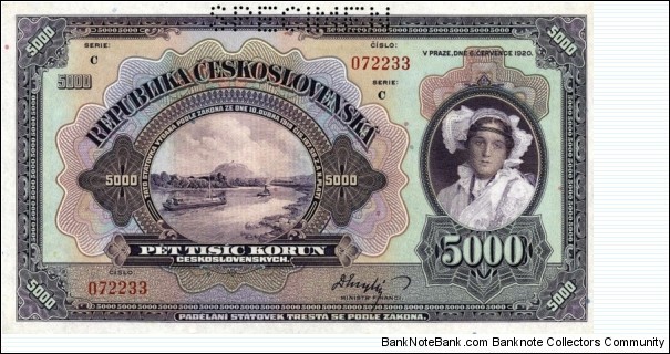 Czechoslovakia 5000 Korun - SPECIMEN Banknote