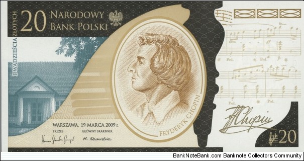 Poland 20 Złotych - Fryderyk Chopin commemorative issue. Banknote