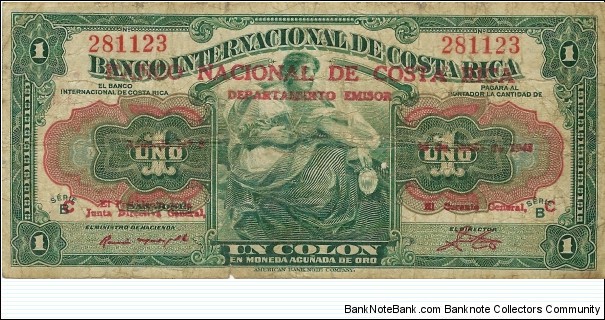 COSTA RICA 1 Colon 1943 Banknote