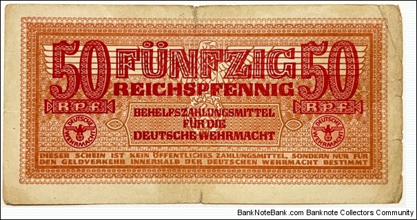 50 ReichsPfennig(AUXILIARY PAYMENT CERTIFICATE /WEHRMACHT ARMED FORCES Third Reich 1942)  Banknote