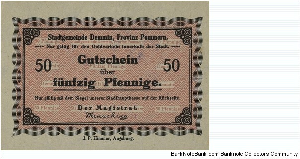 50 Pfennig - Notgeld.  Demmin.  Banknote