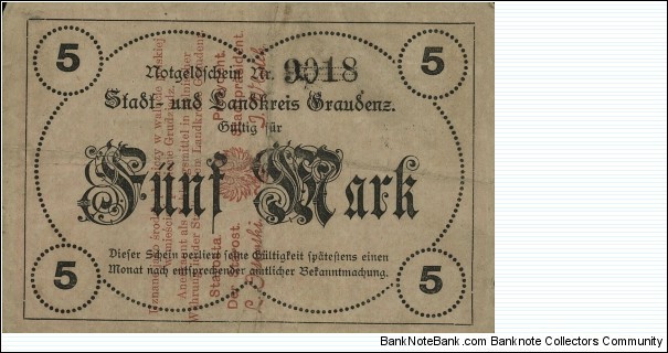 5 Mark - Graudenz. Now city in Poland - Grudziądz. Banknote