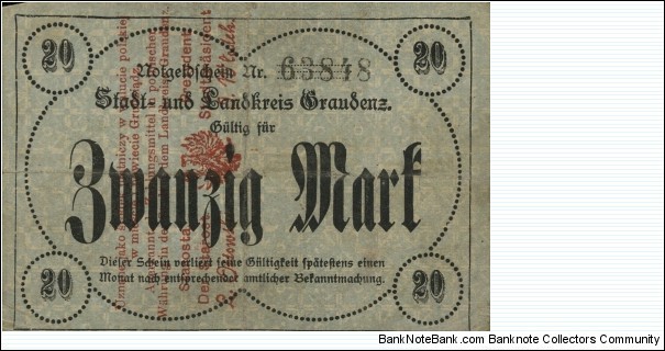 20 Mark - Graudenz. Now city in Poland - Grudziądz. Banknote