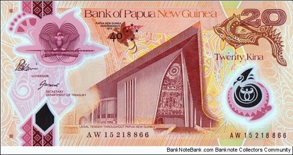 Papua New Guinea 2015 20 Kina.

40 Years of Independence. Banknote