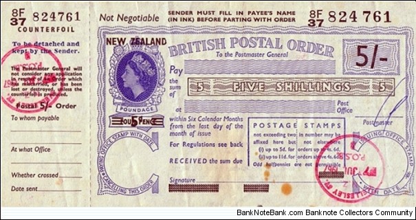 New Zealand 1967 5 Shillings postal order.

Issued at Wellesley St. (Auckland).

Last day of issue before Decimal Currency Day. Banknote