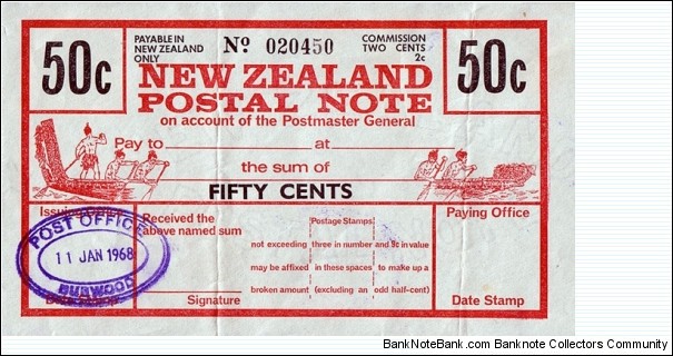 New Zealand 1968 50 Cents postal note.

Issued at Burwood (Christchurch). Banknote