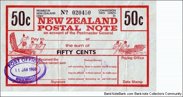 New Zealand 1968 50 Cents postal note.

Issued at Burwood (Christchurch). Banknote