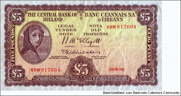 Ireland 1956 5 Pounds. Banknote