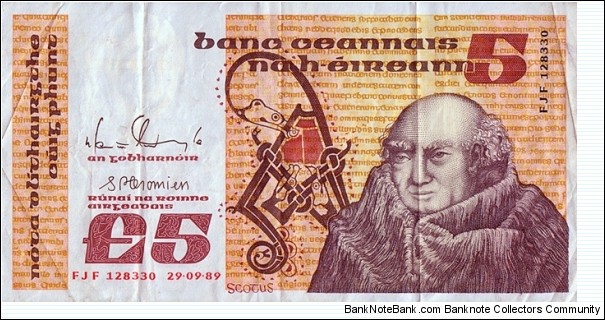 Ireland 1989 5 Pounds.

'FJF' prefix. Banknote