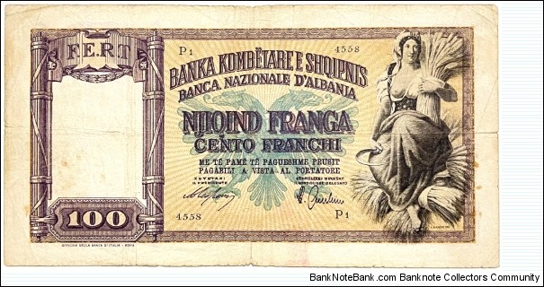 100 Franga / Franchi (Officina della Banca d'Italia, Rome)  Banknote