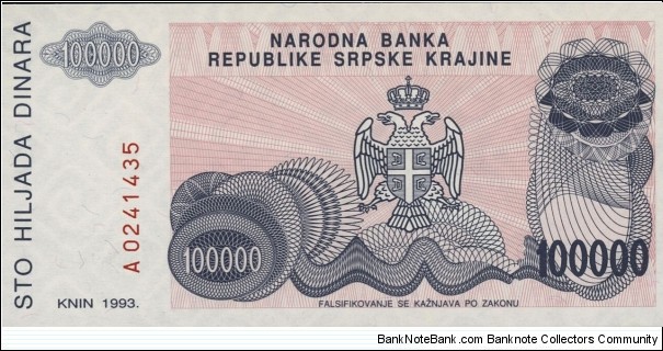 Serb Republic of Krajina 100000 Dinara Banknote